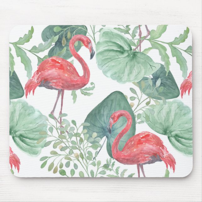 Mousepad Aquarela Inflamingos e folhas cor-de-rosa. (Frente)