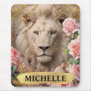 Mousepad Aquarela Leão Branco Vintage e Rosas Pink