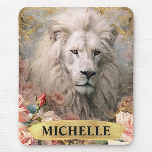 Mousepad Aquarela Leão Branco Vintage e Rosas Pink (Frente)