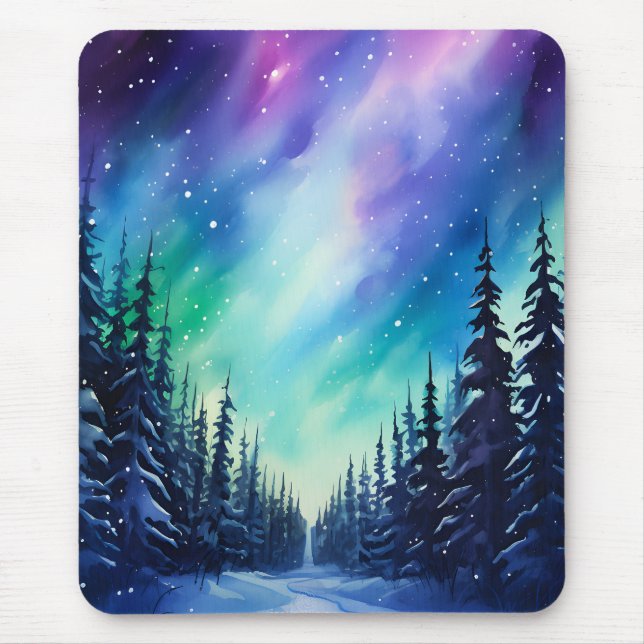Mousepad Aquarela Luzes do Norte aurora boreal  (Frente)