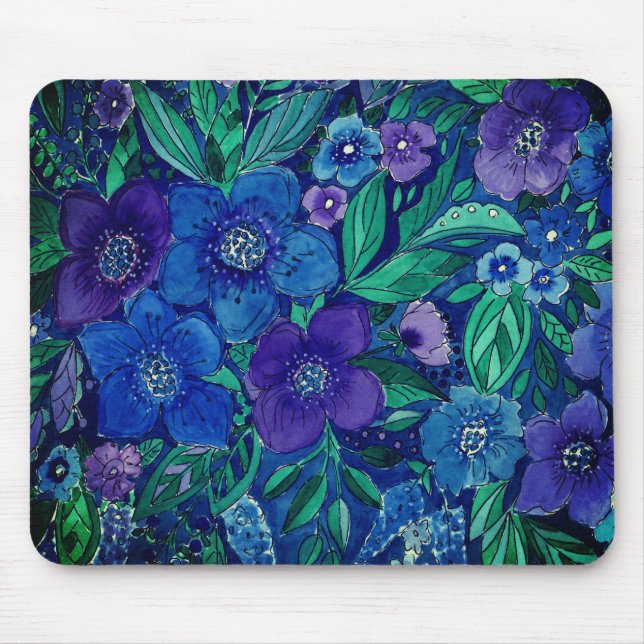 Mousepad aquarela, mouse de flores azuis (Frente)