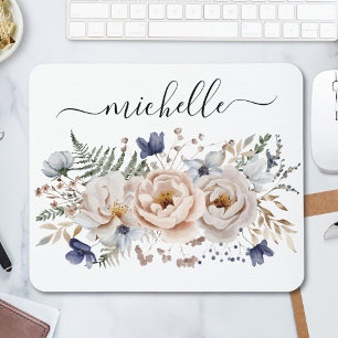Mousepad Aquarela Personalizada Floral Azul Bege Bonito 