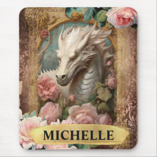 Mousepad Aquarela Vintage Dragão Branco e Rosas Pink