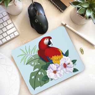 Mousepad Arara Vermelha Papagaio Tropical Hibisco Branco Fl