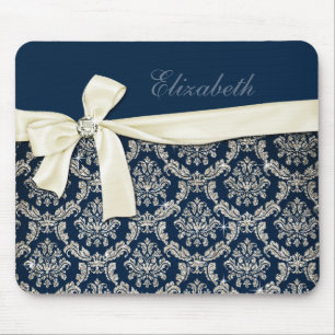 Mousepad Arco de prata azul elegante do diamante do damasco