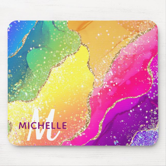 Mousepad Arco-íris Brilhante & Monograma de Ágata com Brilh (Frente)