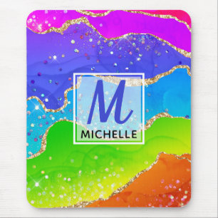 Mousepad Arco-íris Brilhante & Monograma de Ágata com Brilh