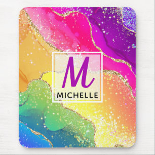 Mousepad Arco-íris Brilhante & Monograma de Ágata com Brilh