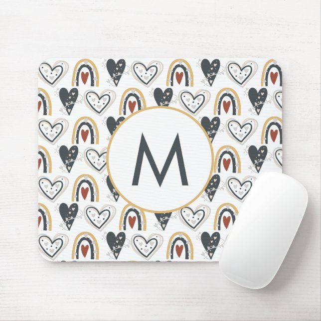 Mousepad Arco-Íris Corações Boho Padrão Monograma Inicial (Com mouse)