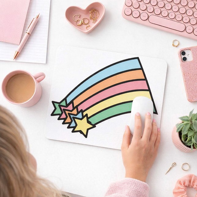 Mousepad Arco-íris Estrela Cadente Pastel Estética Retro  (A mouse pad with a retro inspired design of a shooting star rainbow)