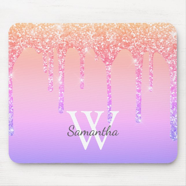Mousepad Arco-íris Feminino Brilho Gotas de Purpurina Monog (Frente)