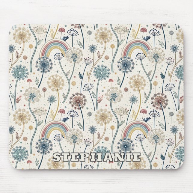 Mousepad Arco-Íris Whimsical e Dandeliões Botânicos (2) (Frente)