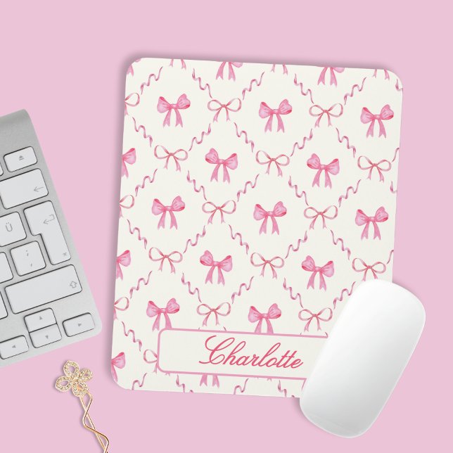 Mousepad Arco Rosa Coquette (sweet cute personalized pink bow coquette mousepad with custom name in elegant calligraphy script)