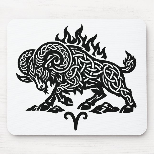 Mousepad Áries Fogo‑Carneiro – Zodíaco Celta de Tinta Assom (Frente)