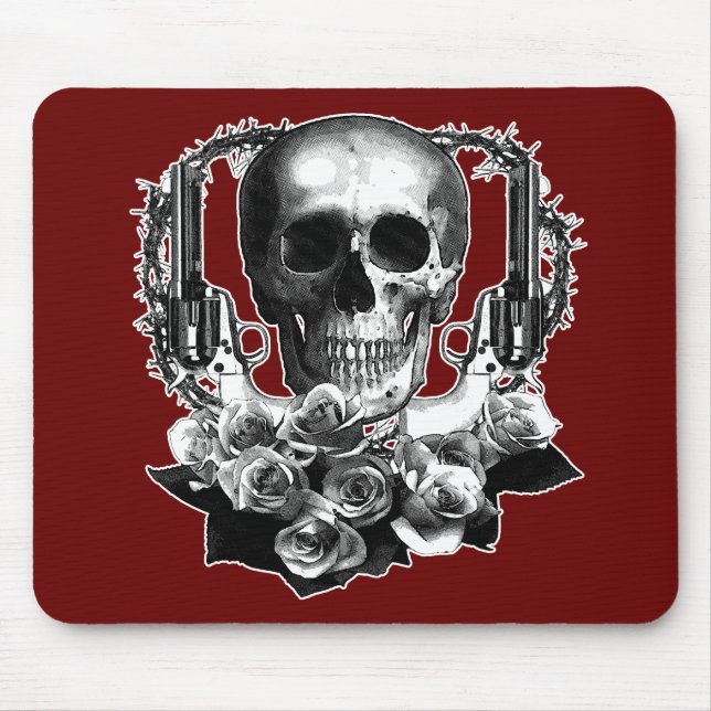 Mousepad Armas escuras e rosas do crânio preto e branco (Frente)