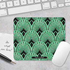 Mousepad Art Deco Green Black White Retro Peacock Padrão