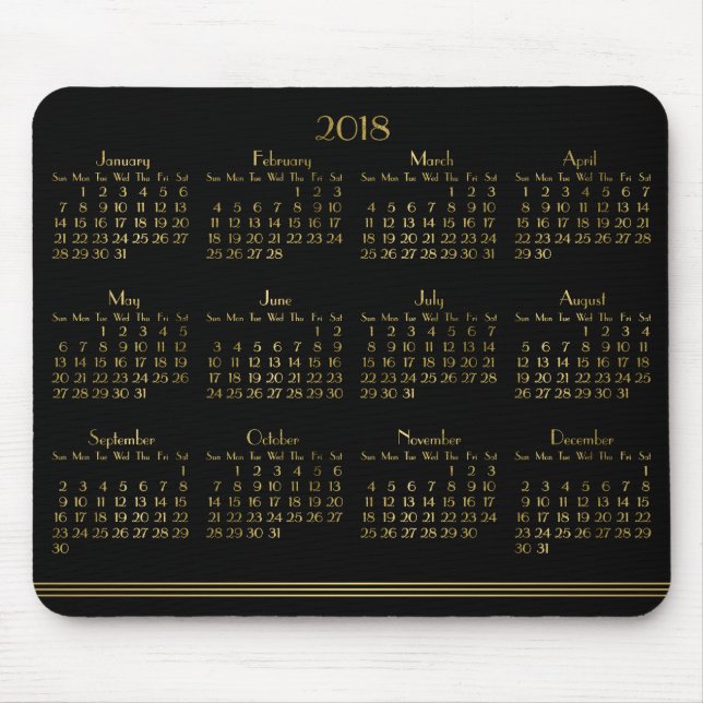 Mousepad Art Deco Preto Calendário Anual Dourado 2018 Mouse (Frente)