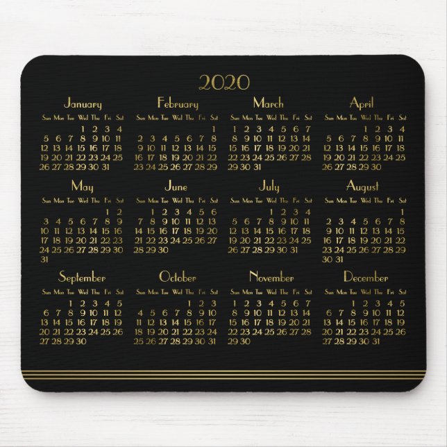 Mousepad Art Deco Preto Calendário Anual Dourado 2020 (Frente)