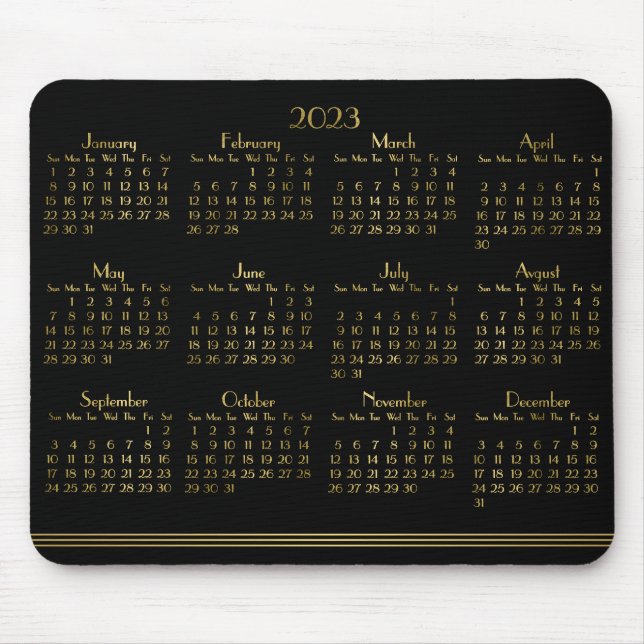 Mousepad Art Deco Preto Calendário Anual Dourado 2023 (Frente)