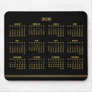 Mousepad Art Deco Preto Calendário Anual Dourado 2026