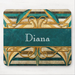 Mousepad Art Deco Verde e Listras Douradas Personalizadas