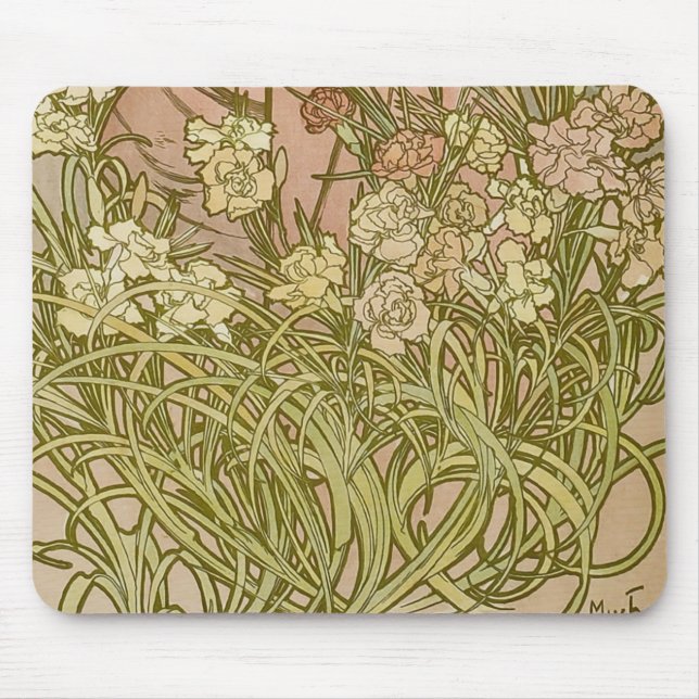 Mousepad Art Nouveau Alfonse Mucha Flores de cravo florais (Frente)