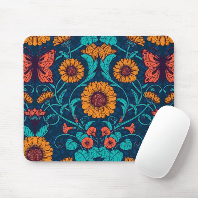 Mousepad Art Nouveau daisie em azul e amarelo (Com mouse)