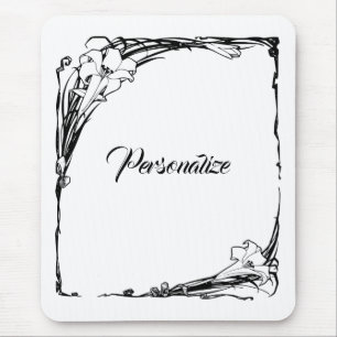Mousepad Art nouveau lily flor elegante floral branco preto