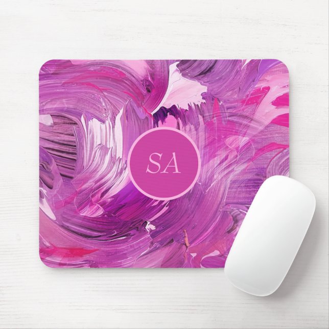 Mousepad Arte Abstrata Monograma Roxo Rosa Pincelada (Com mouse)