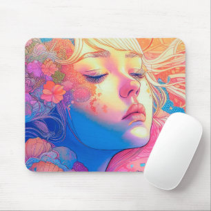 Mousepad Arte Colorida de Menina Fofa Rodeada por Flores  