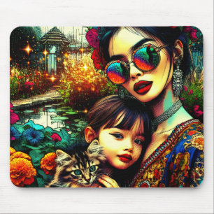 Mousepad Arte Colorido Mãe e Filha Jardim de Flores Asiátic