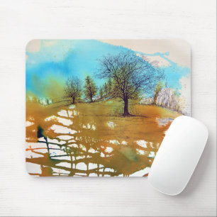 Mousepad Arte de Aquarela de Paisagem de Árvore