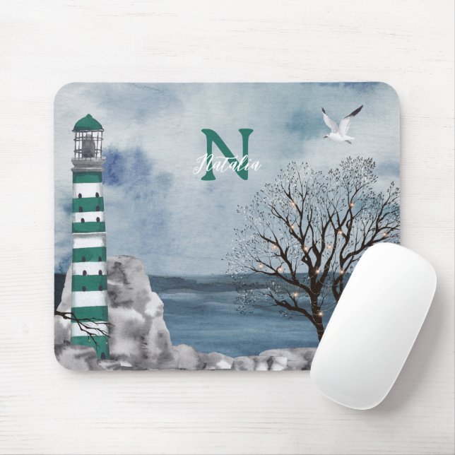 Mousepad Arte de Aquarela Verde Monograma (Com mouse)