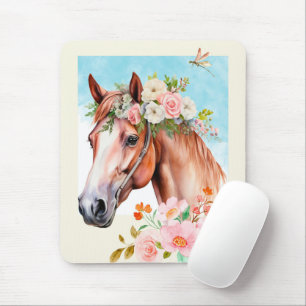 Mousepad Arte de Cavalo e Flores de Aquarelas