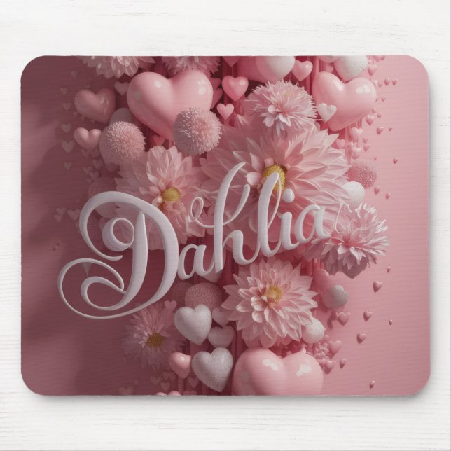 Mousepad Arte de Flor de Dahlia Pastel com Corações (Frente)
