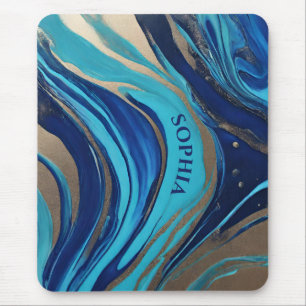 Mousepad Arte de fluxo de Abstrato moderno - Azul e Dourado