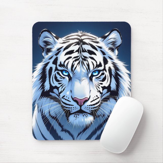 Mousepad Arte de IA do Tigre Branco de Olhos Azuis (Com mouse)