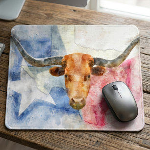 Mousepad Arte de Impressão em Aquarela de Vaca Texas Longho