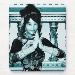 Mousepad Arte de Retrato Azul de Mulher Real Asiática