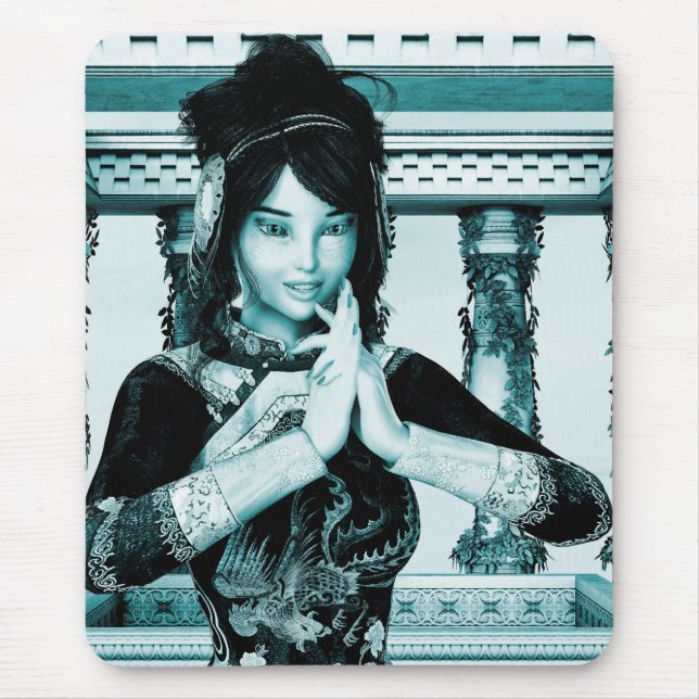 Mousepad Arte de Retrato Azul de Mulher Real Asiática (Frente)