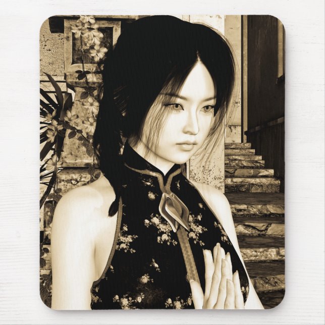 Mousepad Arte de Retrato de Mulher Asiática Vintage (Frente)