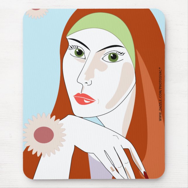 Mousepad Arte de retrato floral retrô de ruiva (Frente)