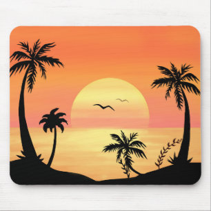 Mousepad Arte de Silhueta de Palmeira no Pôr do Sol da Prai