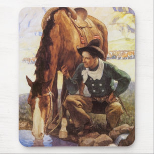 Mousepad Arte do vintage, vaqueiro que molha seu cavalo por