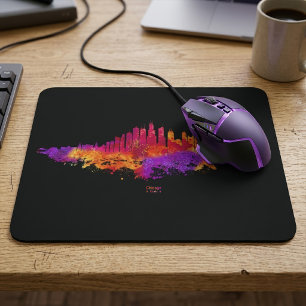 Mousepad Arte em Aquarela da Silhueta de Chicago em Fundo P