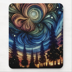 Mousepad Arte Etéreo Místico com Árvores e Céu Noturno 