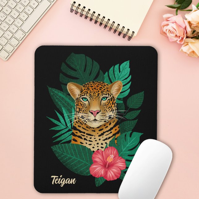 Mousepad Arte Floral bonito de Leopardo-da-Selva | Preto |  (Criador carregado)