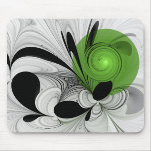 Mousepad Arte fractal abstrata em preto e branco com verde
