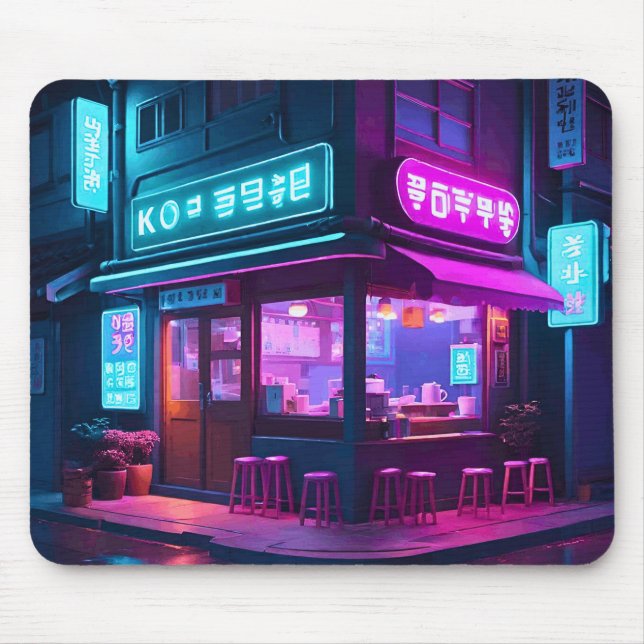 Mousepad Arte LoFi do Café Neon Coreano (Frente)