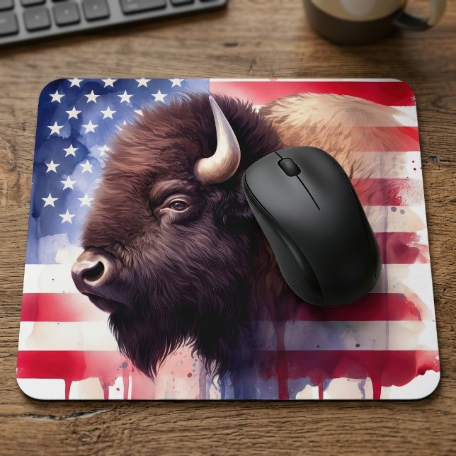 Mousepad Arte Magnífica de Bisonte Americano e Bandeira Pat (Majestic American Bison & Patriotic Flag Artwork. Mouse Pad)